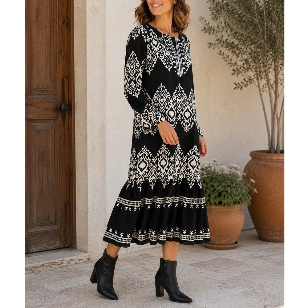 GIGIO USA Women's S Black White Ikat Damask Print Long Sleeve Tiered Midi Dress